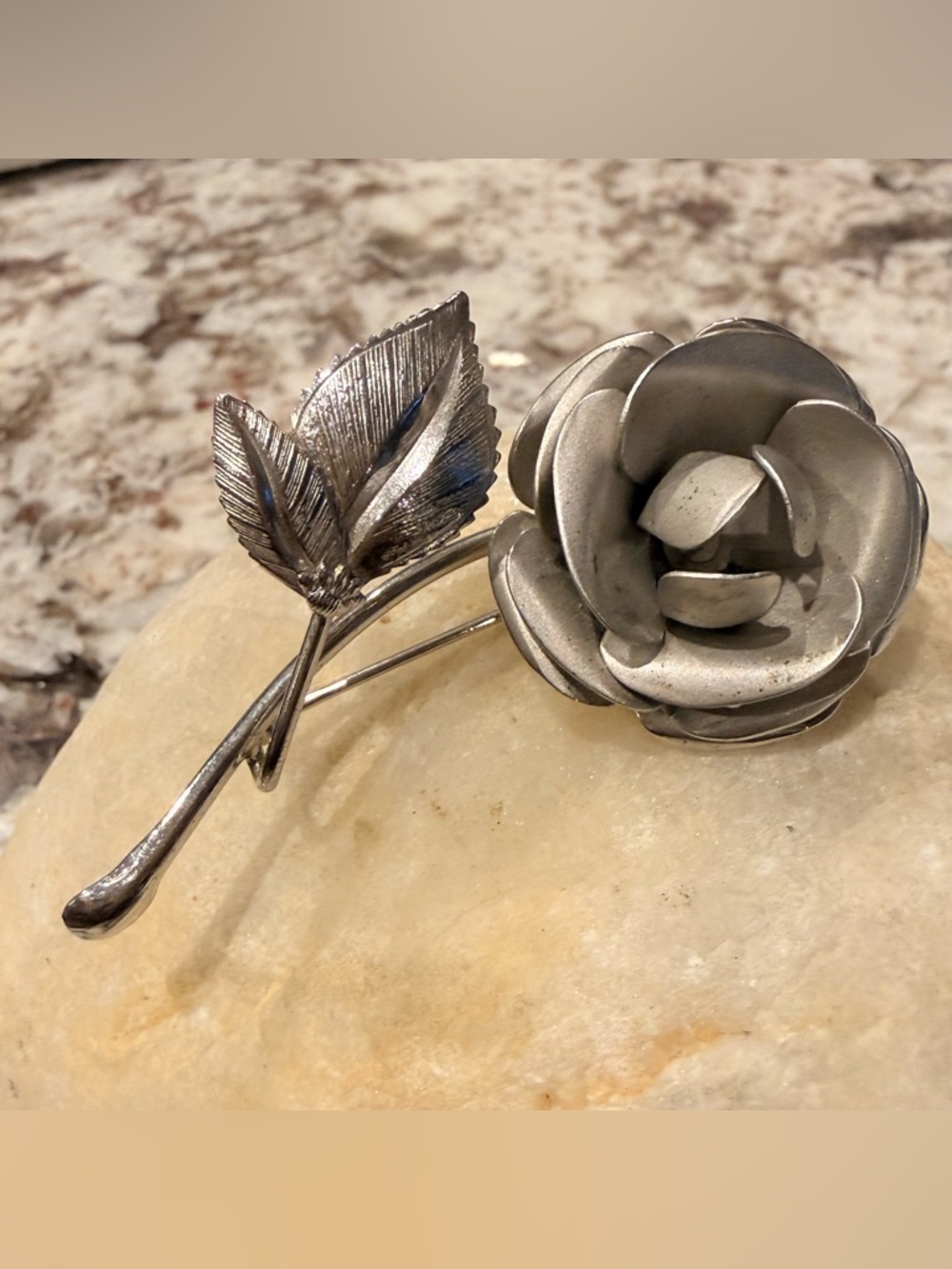Vintage Sterling Silver Tone Rose Brooch